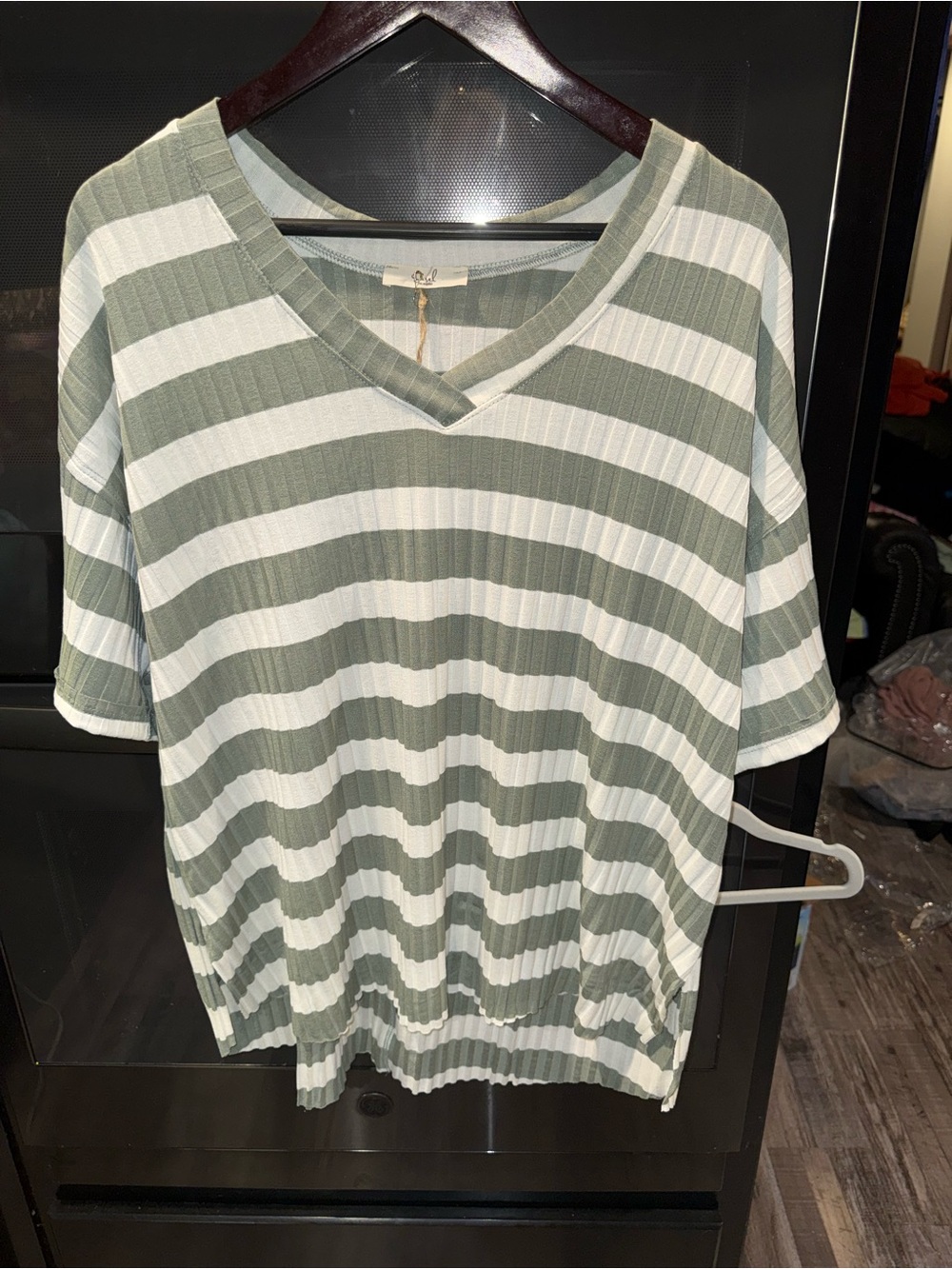 easel Striped V-Neck Short Sleeve Top in Sage Green and White